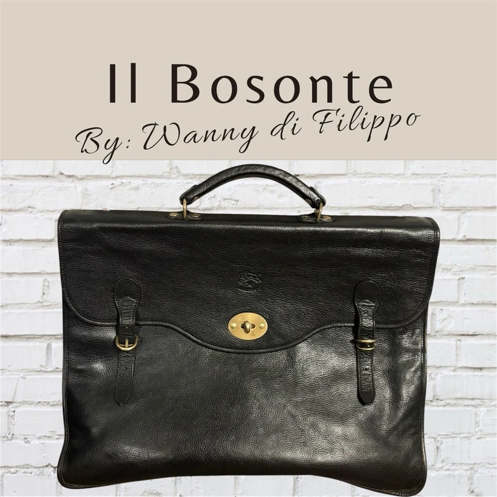 🔥IL BISONTE Wanny Di Filippo Black Leather Briefcase Made in Italy VGUC